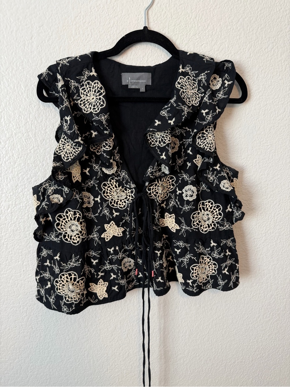 Anthropologie Black Embroidered Ruffle Tie-Front Top - Picture 4 of 7